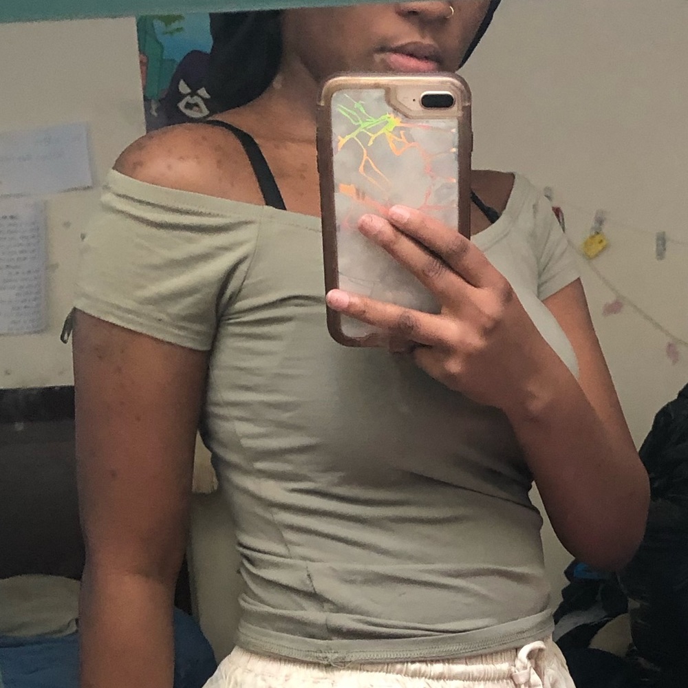 Off the shoulder khaki green top